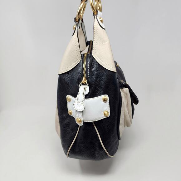 B. Makowsky Large Shoulder Bag Copenhagen Leather Mixed Media Beige Black Cream - Picture 3 of 11